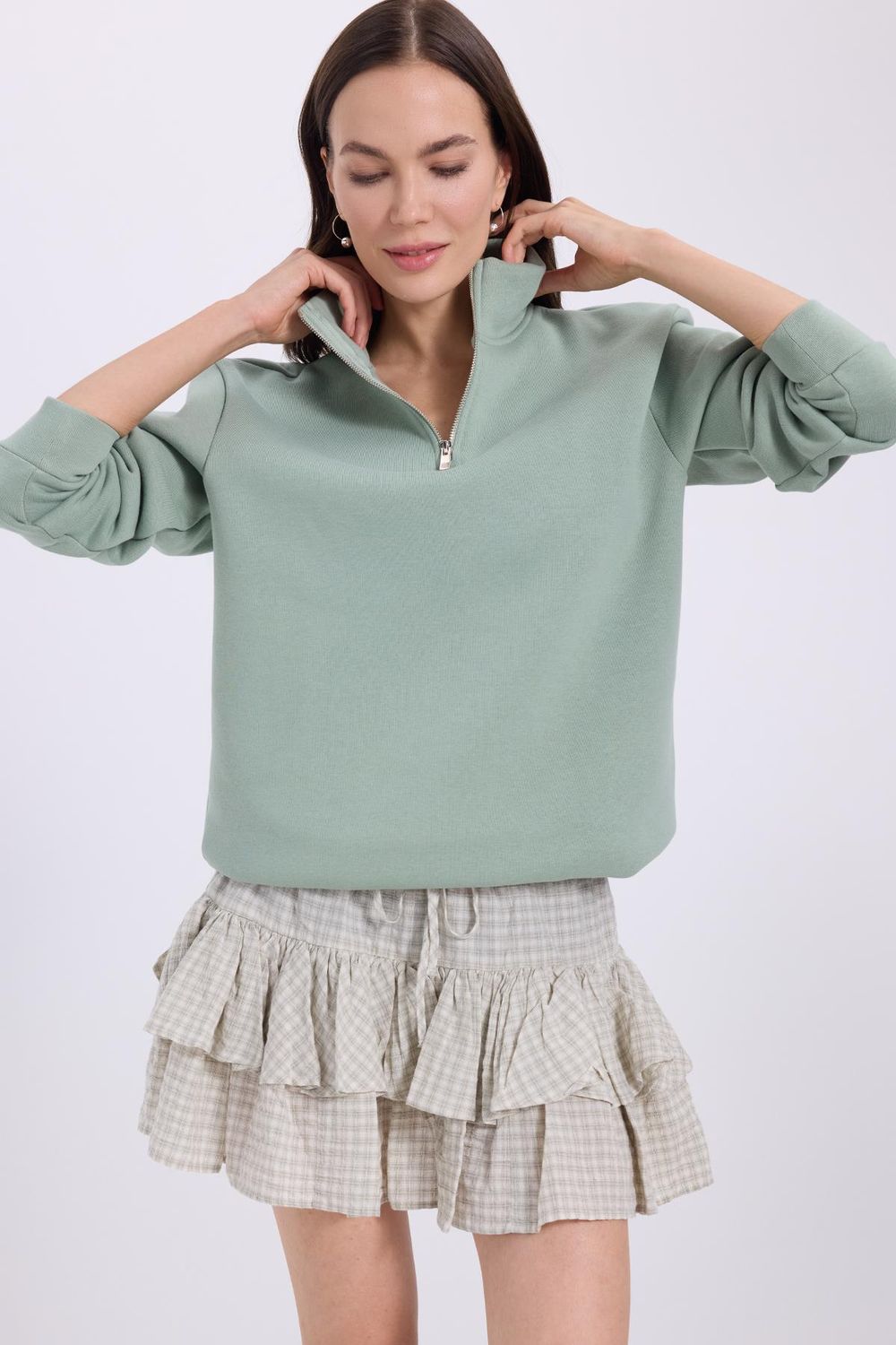 Kadın Relax Fit Rahat Kesim Pamuklu İçi Polarlı Yarım Fermuarlı Yeşil Dik Yaka Sweatshirt