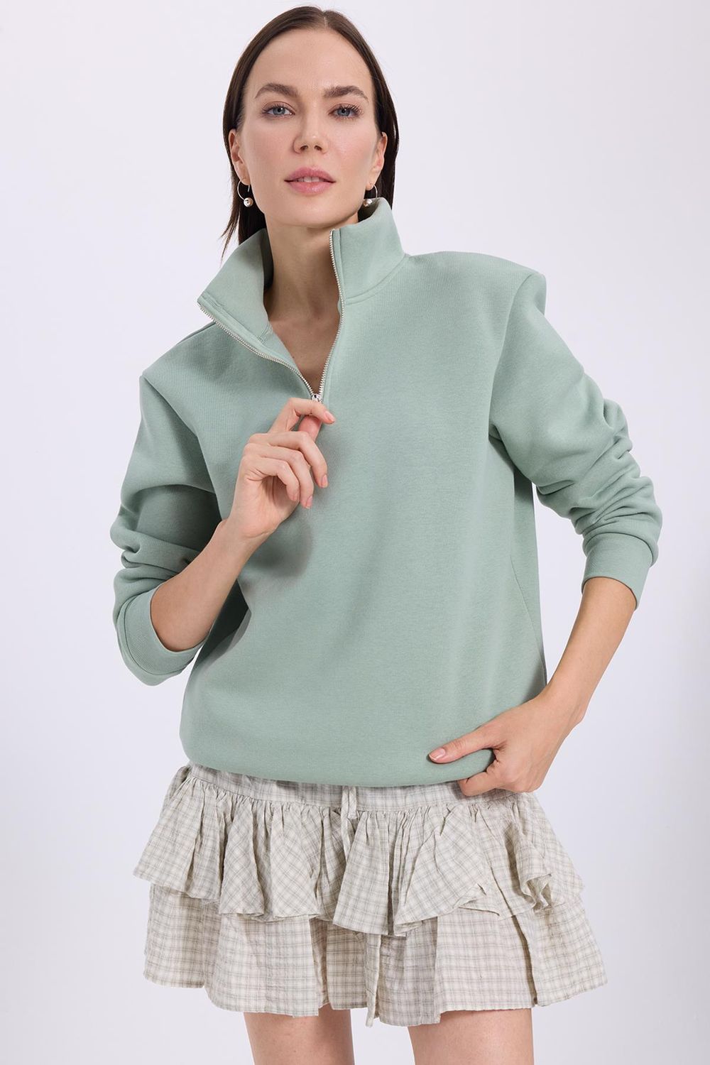 Kadın Relax Fit Rahat Kesim Pamuklu İçi Polarlı Yarım Fermuarlı Yeşil Dik Yaka Sweatshirt