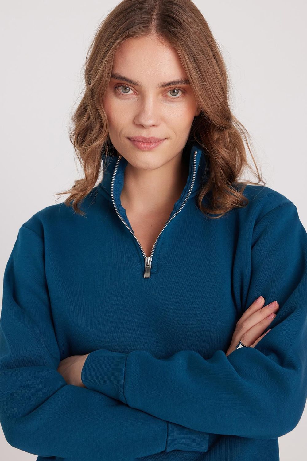 Kadın Relax Fit Rahat Kesim Pamuklu İçi Polarlı Yarım Fermuarlı İndigo Dik Yaka Sweatshirt