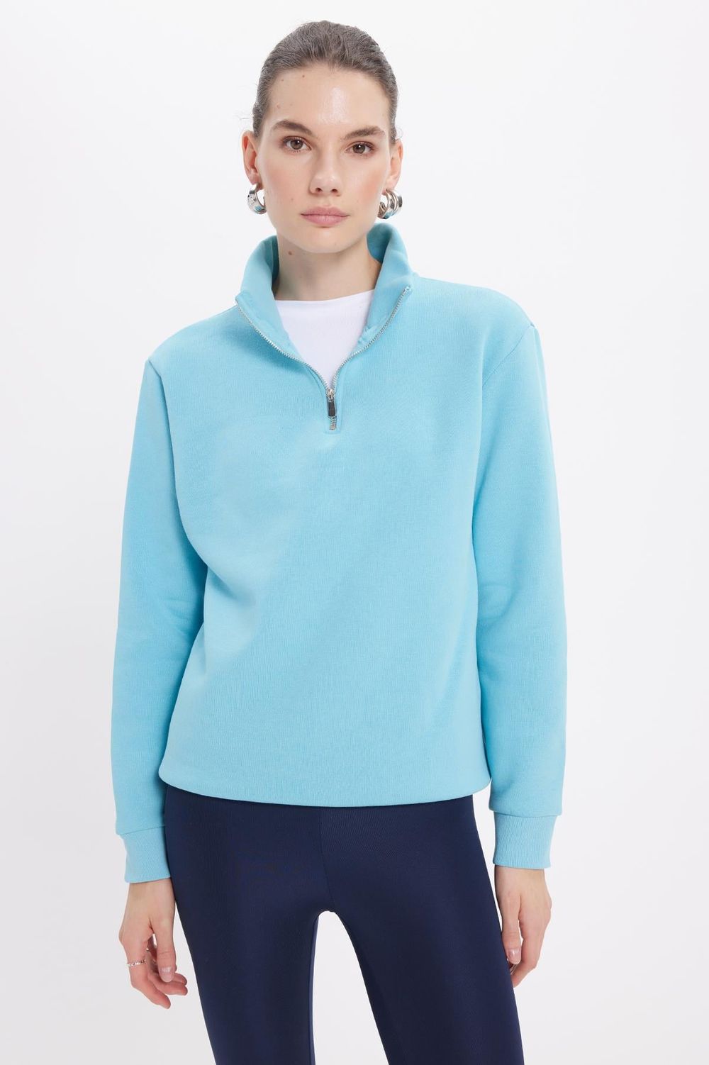 Pamuklu Dik Yaka Fermuarlı Kadın Sweatshirt