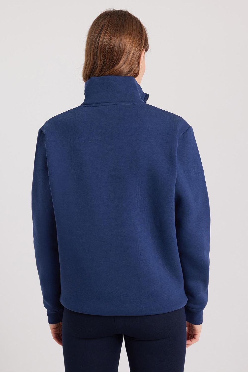 Kadın Relax Fit Rahat Kesim Pamuklu İçi Polarlı Yarım Fermuarlı Lacivert Dik Yaka Sweatshirt