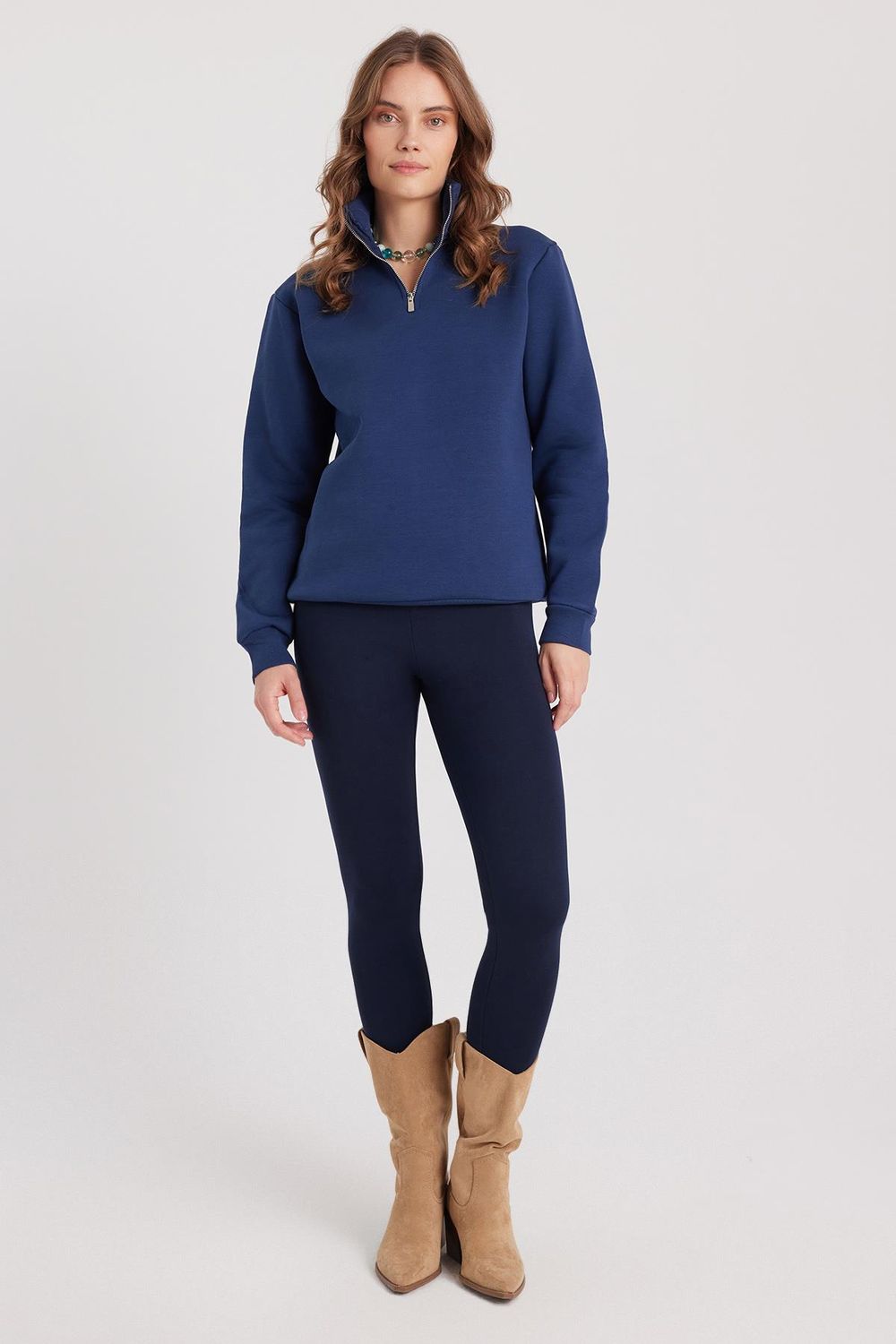 Kadın Relax Fit Rahat Kesim Pamuklu İçi Polarlı Yarım Fermuarlı Lacivert Dik Yaka Sweatshirt