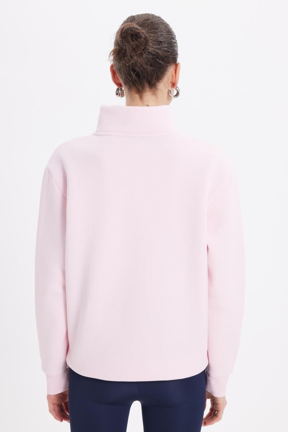 Kadın Relax Fit Rahat Kesim Pamuklu İçi Polarlı Yarım Fermuarlı Pembe Dik Yaka Sweatshirt