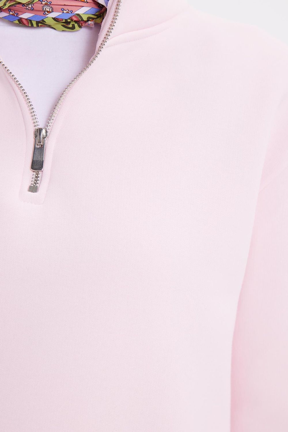 Kadın Relax Fit Rahat Kesim Pamuklu İçi Polarlı Yarım Fermuarlı Pembe Dik Yaka Sweatshirt