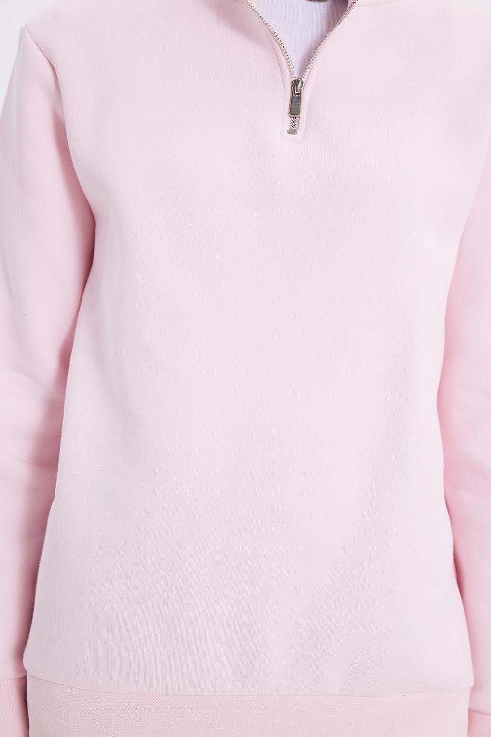 Kadın Relax Fit Rahat Kesim Pamuklu İçi Polarlı Yarım Fermuarlı Pembe Dik Yaka Sweatshirt