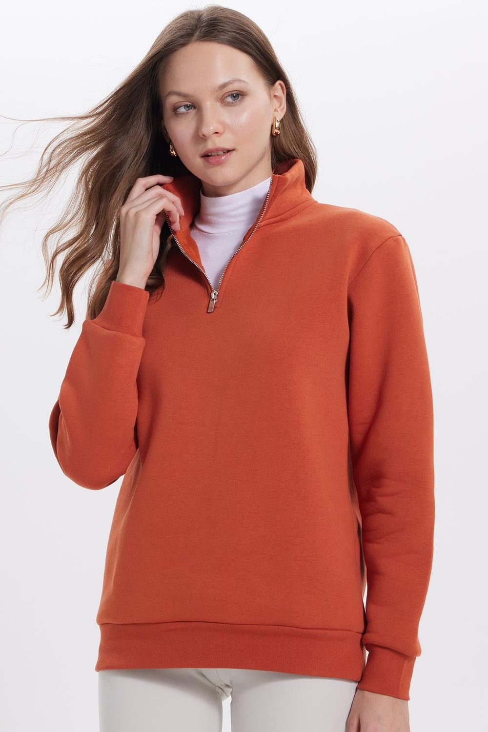 Kadın Relax Fit Rahat Kesim Pamuklu İçi Polarlı Yarım Fermuarlı Bordo Dik Yaka Sweatshirt