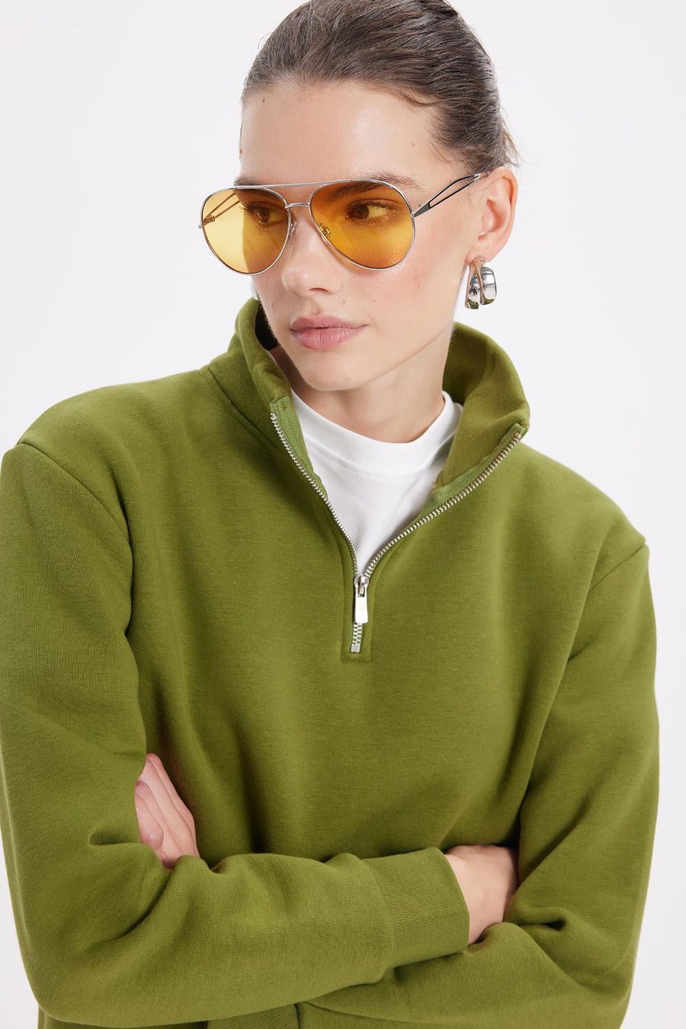 Pamuklu Dik Yaka Fermuarlı Kadın Sweatshirt