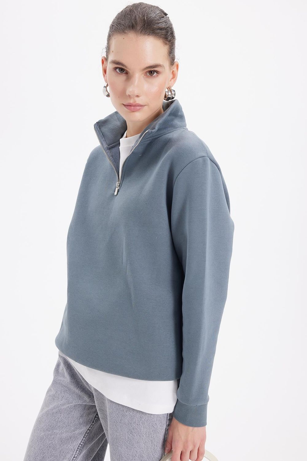 Pamuklu Dik Yaka Fermuarlı Kadın Sweatshirt
