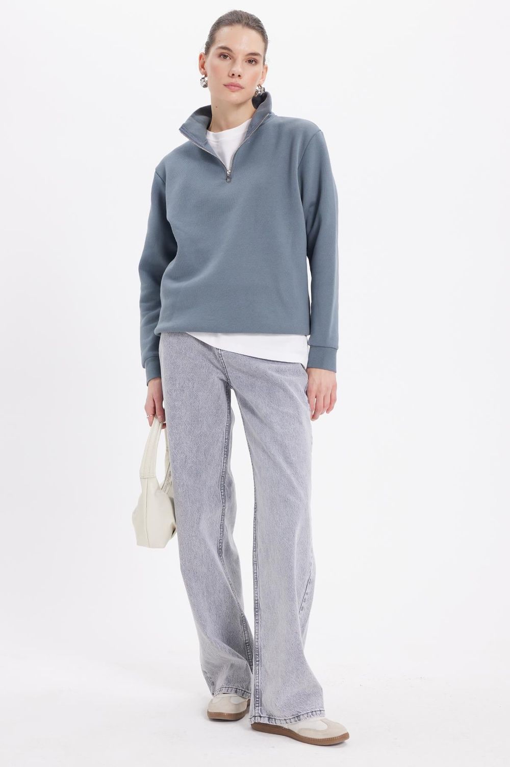 Pamuklu Dik Yaka Fermuarlı Kadın Sweatshirt