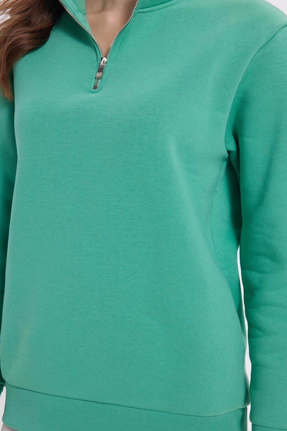 Kadın Relax Fit Rahat Kesim Pamuklu İçi Polarlı Yarım Fermuarlı Yeşil Dik Yaka Sweatshirt