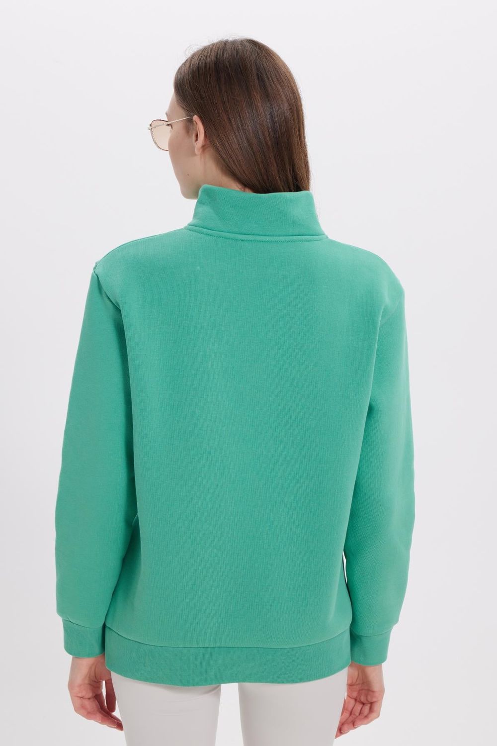 Kadın Relax Fit Rahat Kesim Pamuklu İçi Polarlı Yarım Fermuarlı Yeşil Dik Yaka Sweatshirt