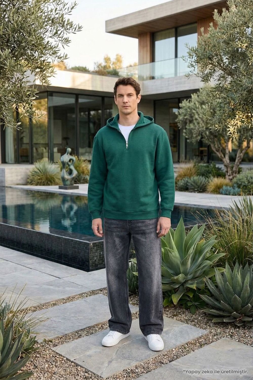 Unisex Relax Fit Rahat Kesim Pamuklu İçi Polarlı Yarım Fermuarlı Haki Kapüşonlu Sweatshirt