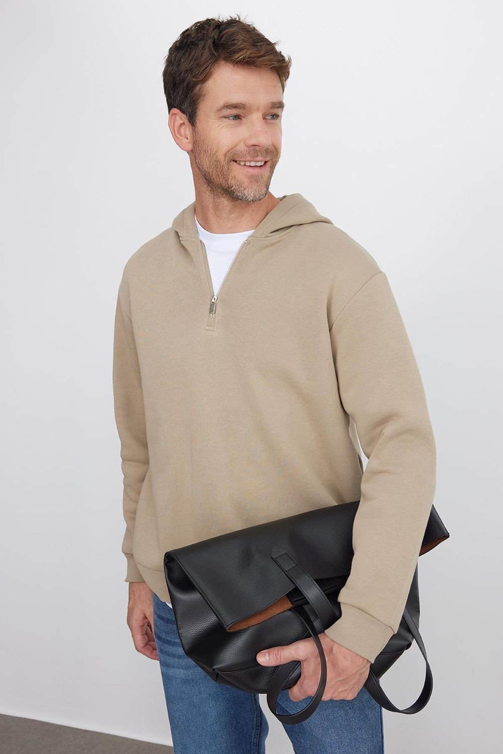 Unisex Relax Fit Rahat Kesim Pamuklu İçi Polarlı Yarım Fermuarlı Gri Kapüşonlu Sweatshirt