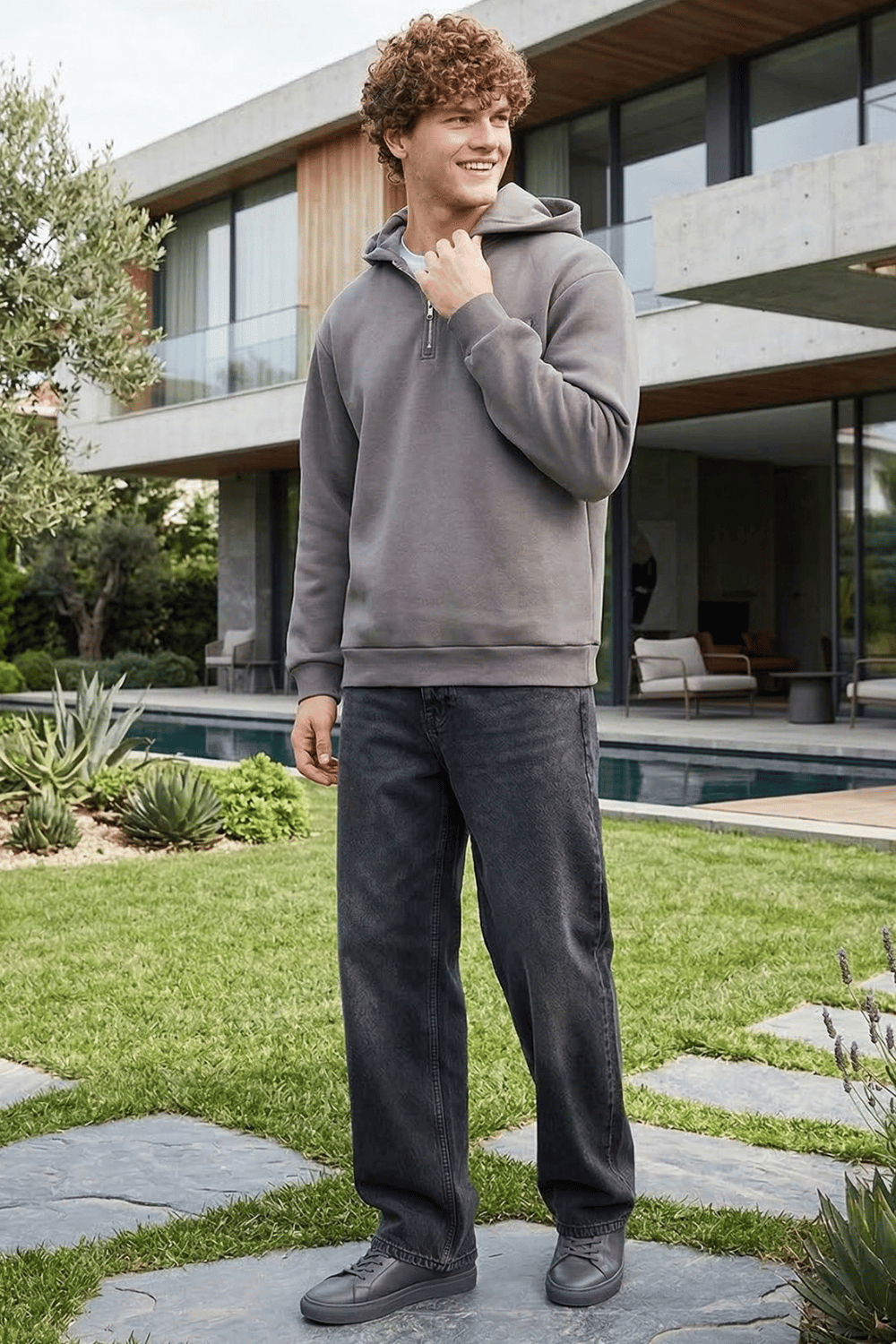 Unisex Relax Fit Rahat Kesim Pamuklu İçi Polarlı Yarım Fermuarlı Gri Kapüşonlu Sweatshirt