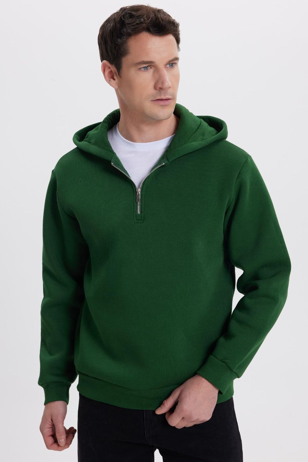 Unisex Relax Fit Rahat Kesim Pamuklu İçi Polarlı Yarım Fermuarlı Yeşil Kapüşonlu Sweatshirt