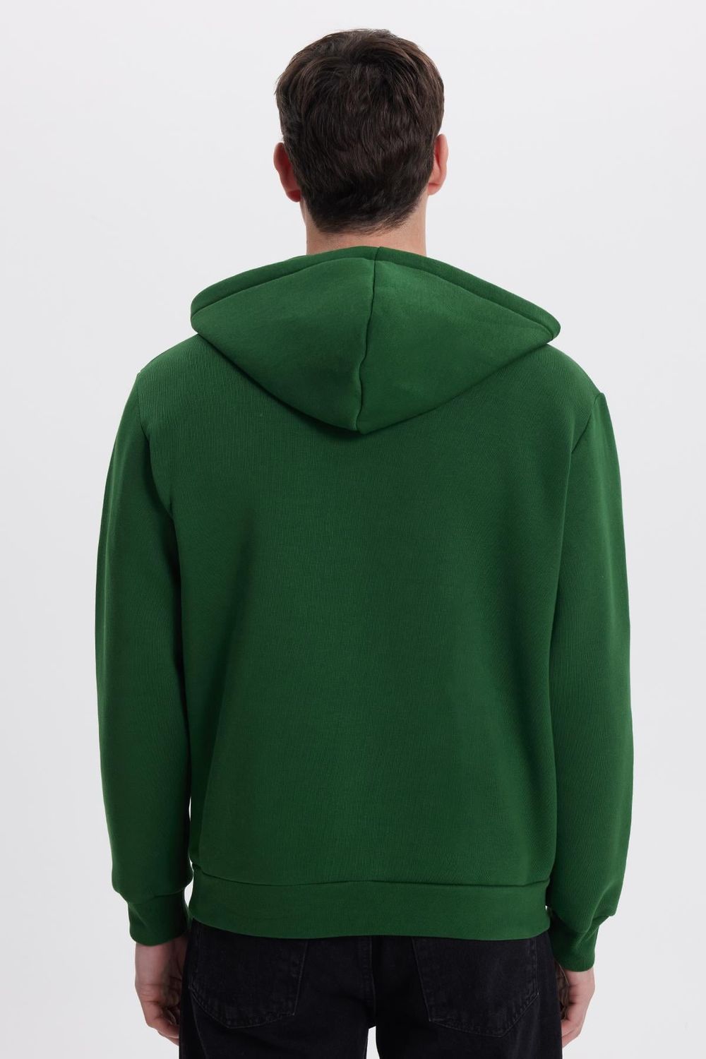 Unisex Relax Fit Rahat Kesim Pamuklu İçi Polarlı Yarım Fermuarlı Yeşil Kapüşonlu Sweatshirt