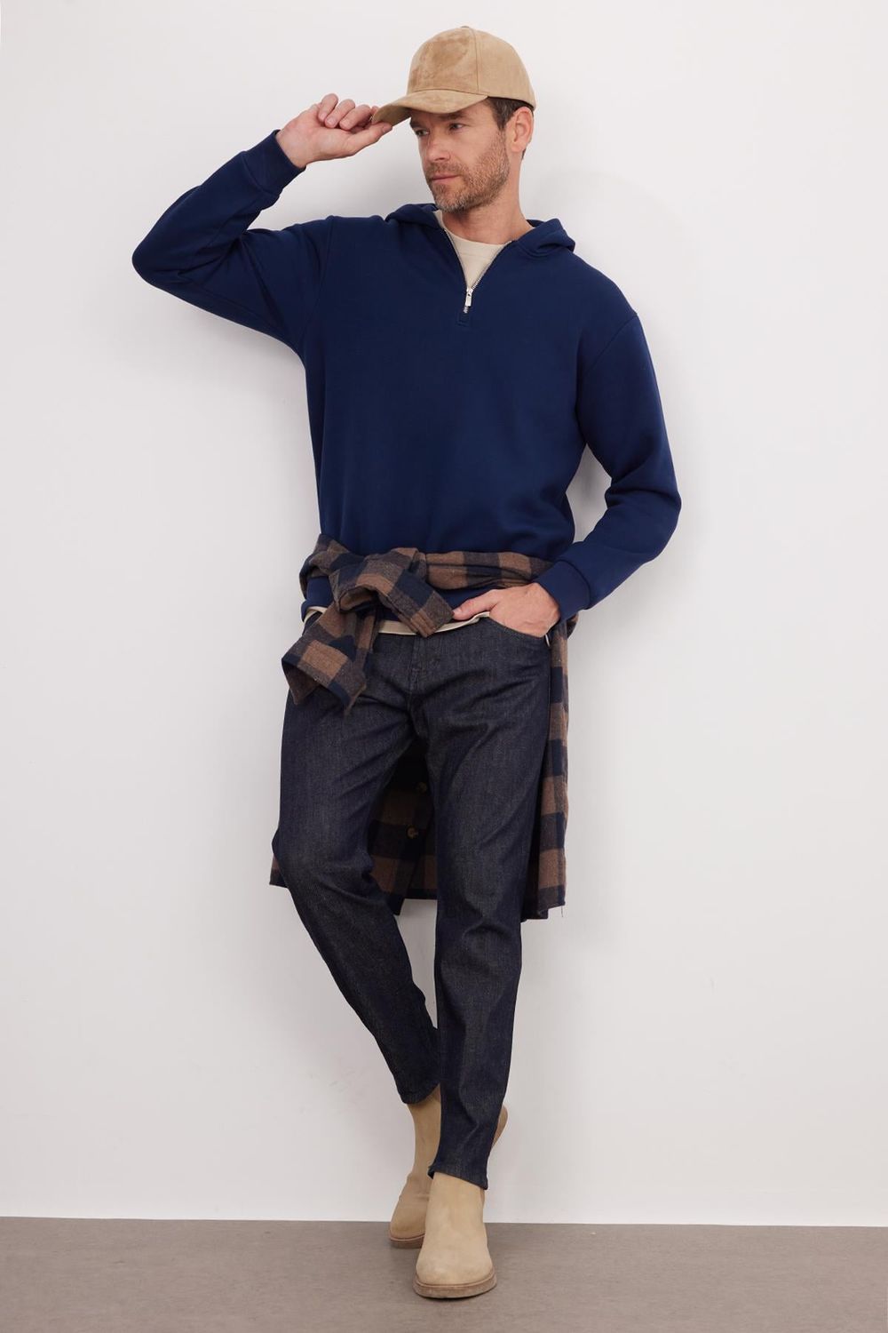 Unisex Relax Fit Rahat Kesim Pamuklu İçi Polarlı Yarım Fermuarlı Lacivert Kapüşonlu Sweatshirt