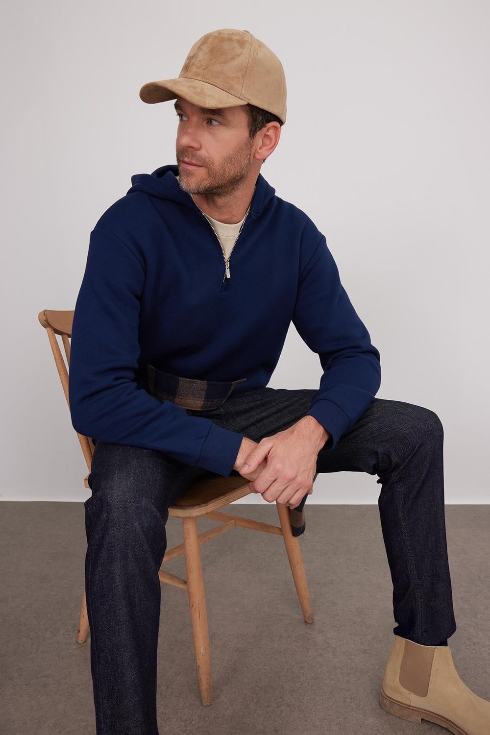 Unisex Relax Fit Rahat Kesim Pamuklu İçi Polarlı Yarım Fermuarlı Lacivert Kapüşonlu Sweatshirt