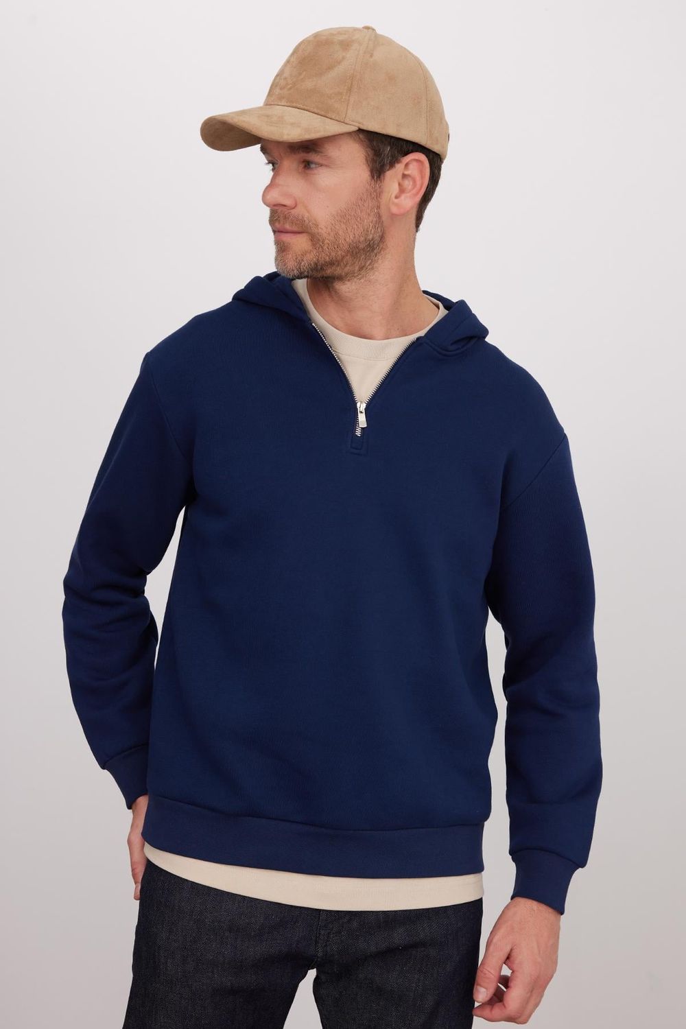 Unisex Relax Fit Rahat Kesim Pamuklu İçi Polarlı Yarım Fermuarlı Lacivert Kapüşonlu Sweatshirt