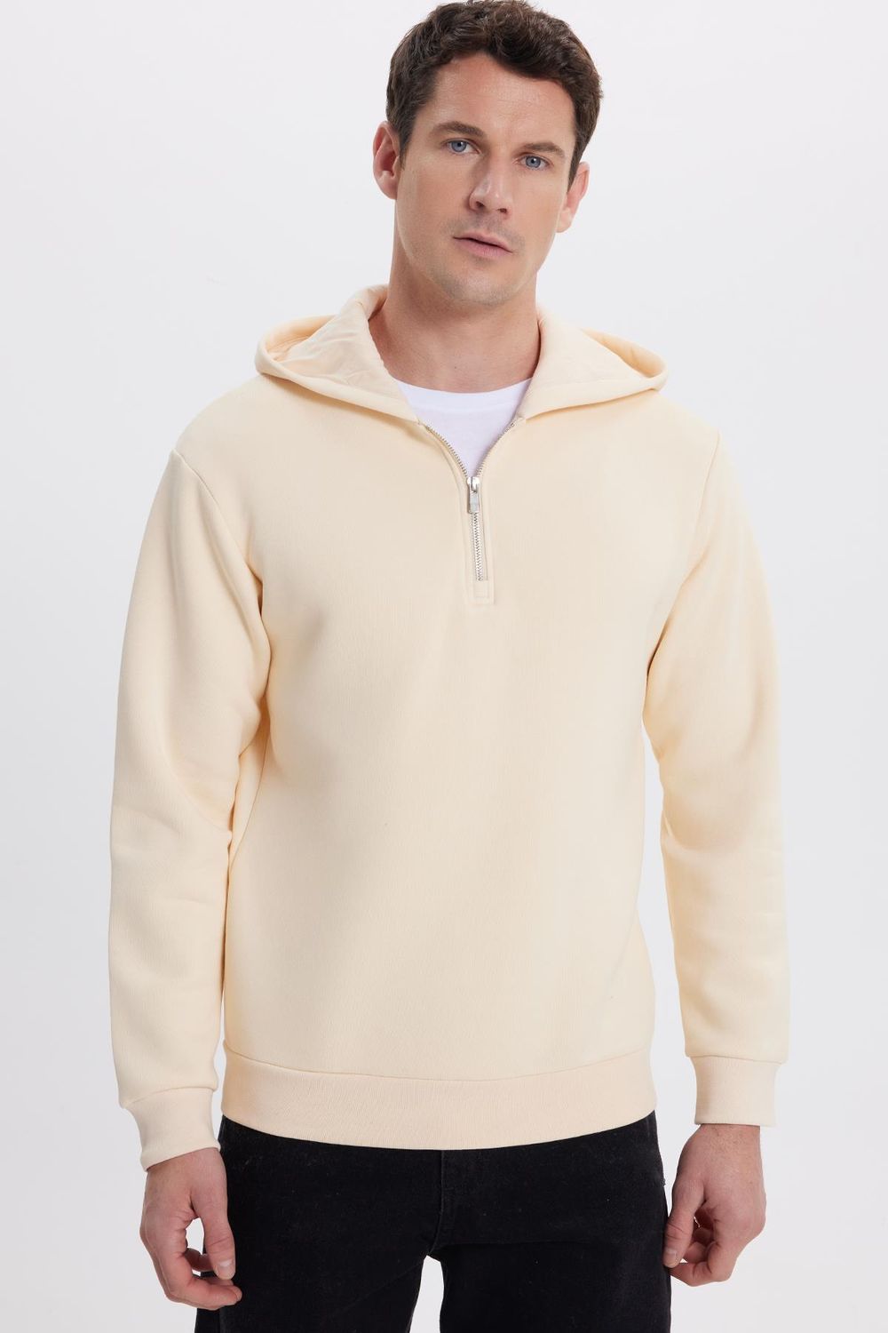 Unisex Relax Fit Rahat Kesim Pamuklu İçi Polarlı Yarım Fermuarlı Taş Kapüşonlu Sweatshirt