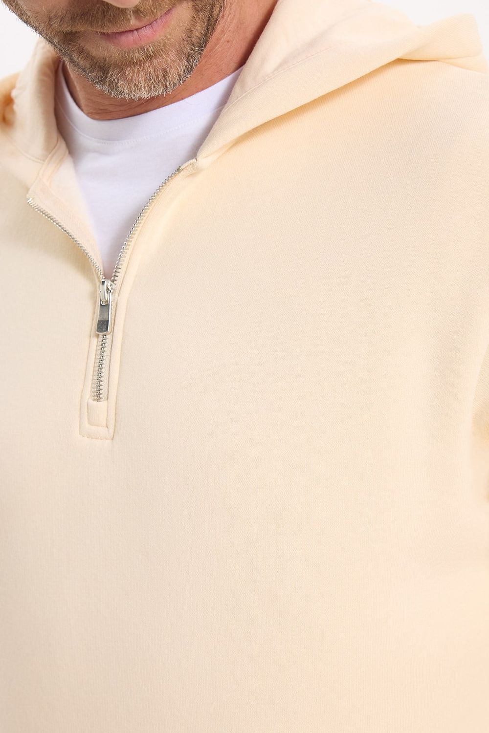 Unisex Relax Fit Rahat Kesim Pamuklu İçi Polarlı Yarım Fermuarlı Taş Kapüşonlu Sweatshirt