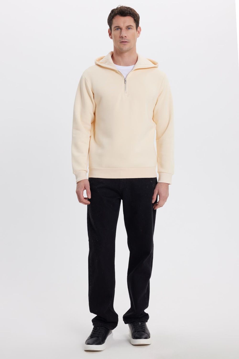 Unisex Relax Fit Rahat Kesim Pamuklu İçi Polarlı Yarım Fermuarlı Taş Kapüşonlu Sweatshirt