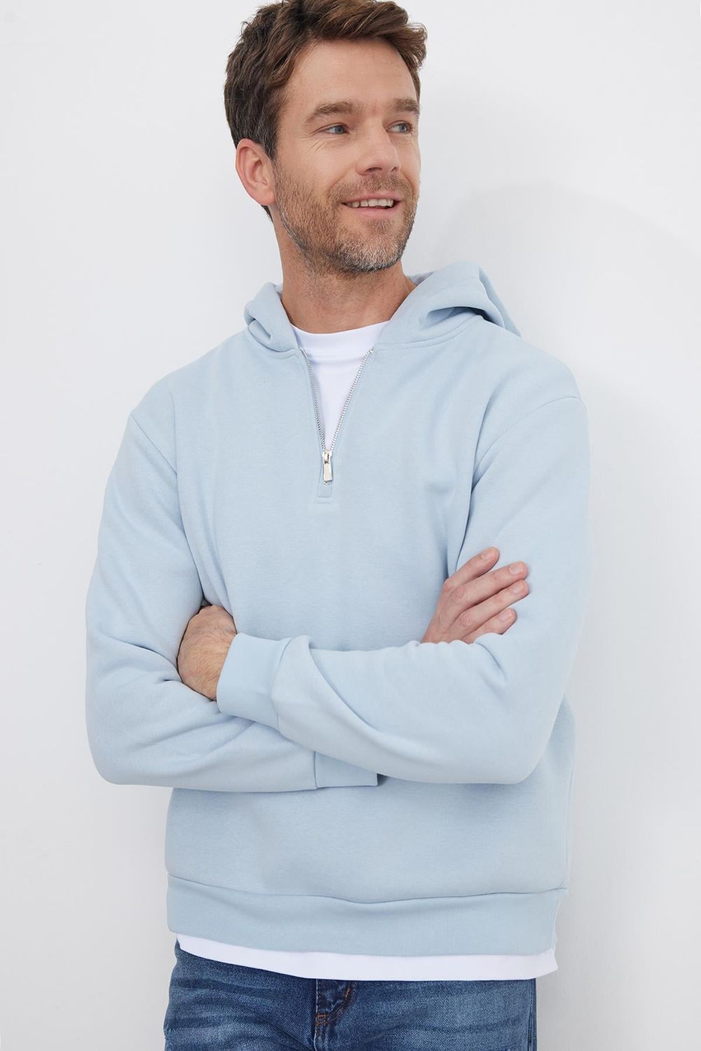 Unisex Relax Fit Rahat Kesim Pamuklu İçi Polarlı Yarım Fermuarlı Mavi Kapüşonlu Sweatshirt