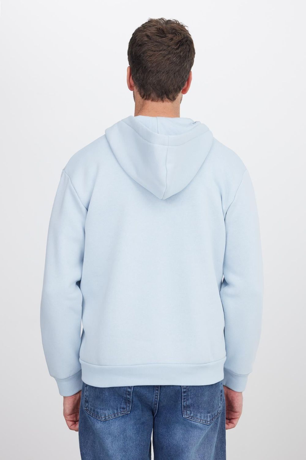 Unisex Relax Fit Rahat Kesim Pamuklu İçi Polarlı Yarım Fermuarlı Mavi Kapüşonlu Sweatshirt
