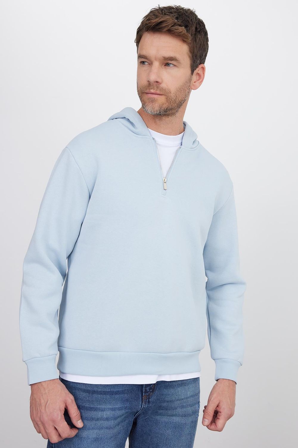 Unisex Relax Fit Rahat Kesim Pamuklu İçi Polarlı Yarım Fermuarlı Mavi Kapüşonlu Sweatshirt