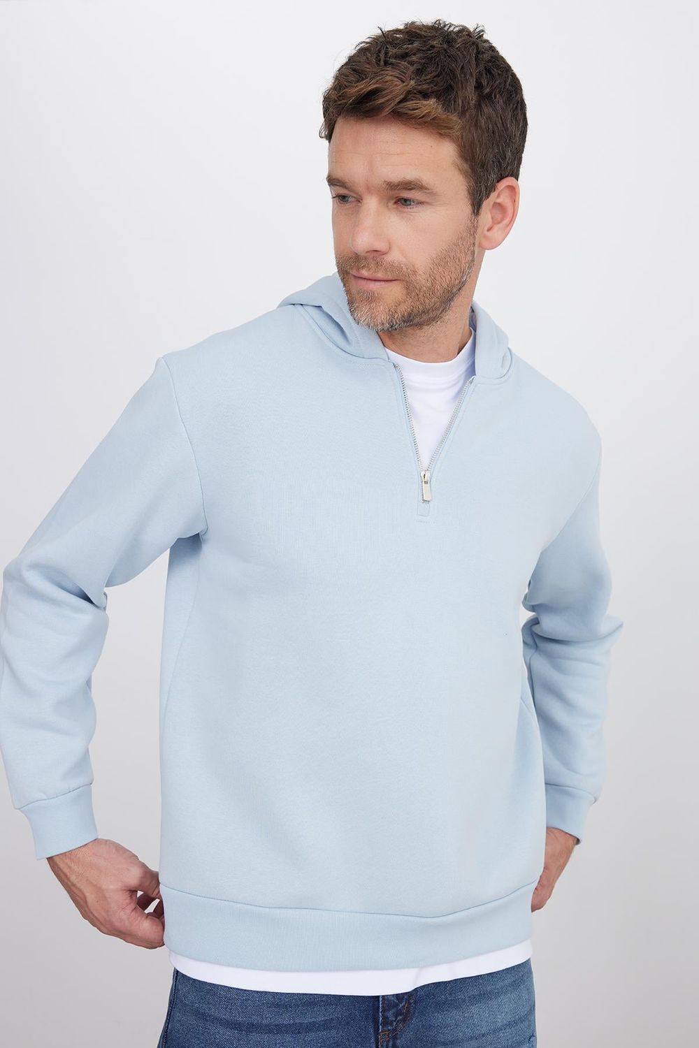 Unisex Relax Fit Rahat Kesim Pamuklu İçi Polarlı Yarım Fermuarlı Mavi Kapüşonlu Sweatshirt