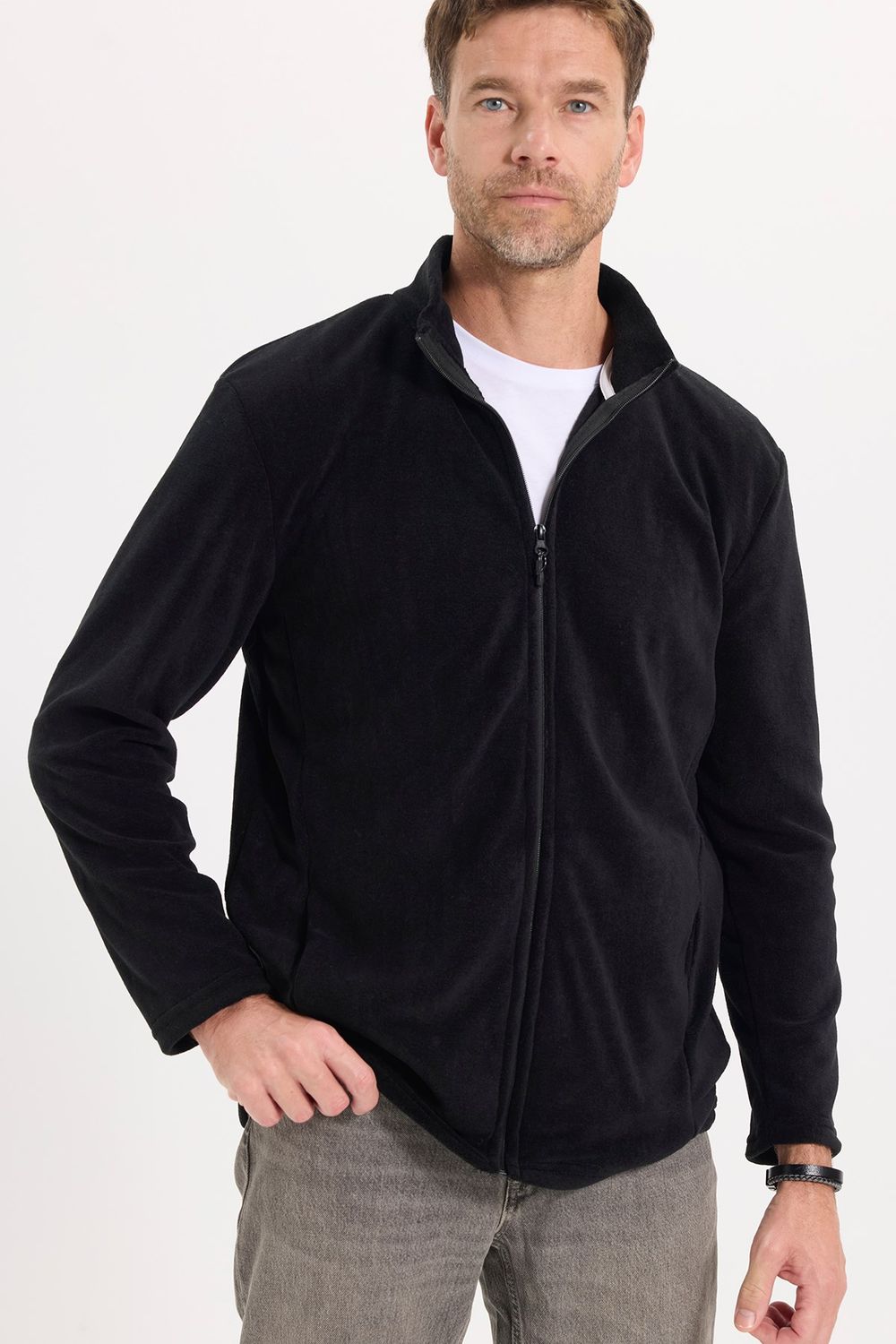 Unisex Siyah Tüylenmeye Karşı Dirençli Standart Fit Tam Fermuarlı Soğuğa Karşı Dayanıklı Polar Hırka