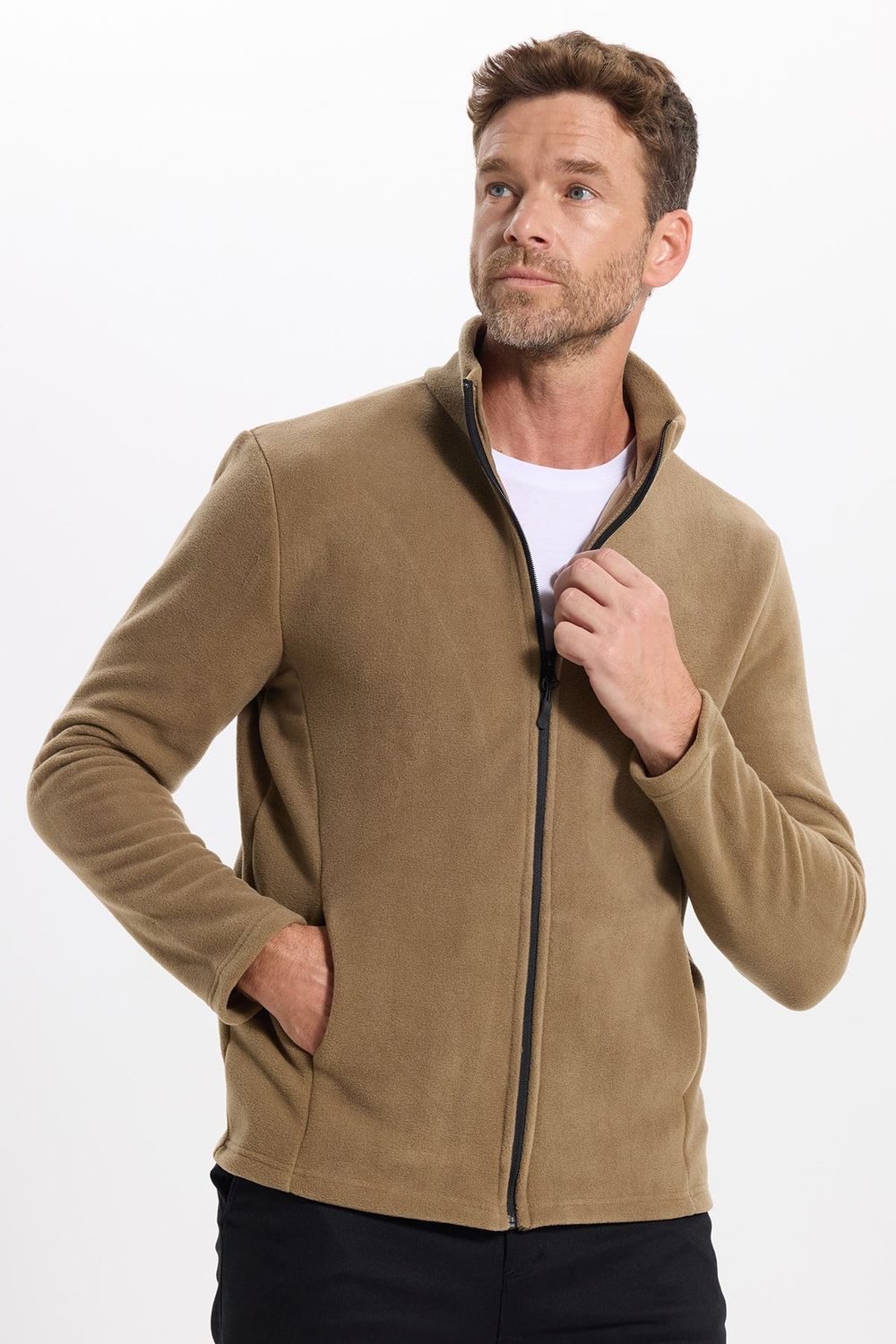 Unisex Haki Tüylenmeye Karşı Dirençli Standart Fit Tam Fermuarlı Soğuğa Karşı Dayanıklı Polar Hırka