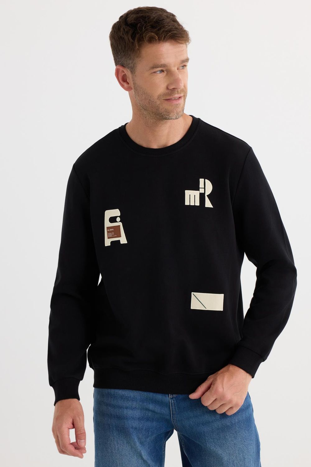 Erkek Relax Fit Rahat Kesim Pamuklu Lastikli Kol Bisiklet Yaka Baskılı Siyah Sweatshirt
