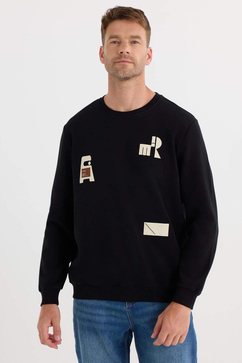 Erkek Relax Fit Rahat Kesim Pamuklu Lastikli Kol Bisiklet Yaka Baskılı Siyah Sweatshirt