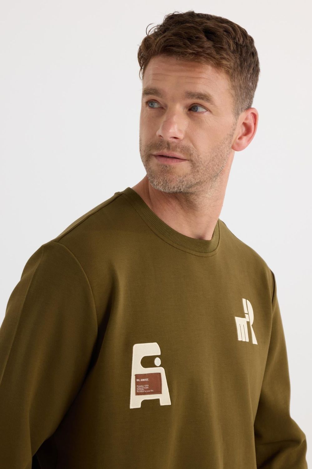 Erkek Relax Fit Rahat Kesim Pamuklu Lastikli Kol Bisiklet Yaka Baskılı Haki Sweatshirt