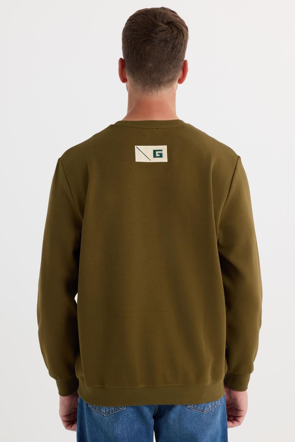 Erkek Relax Fit Rahat Kesim Pamuklu Lastikli Kol Bisiklet Yaka Baskılı Haki Sweatshirt