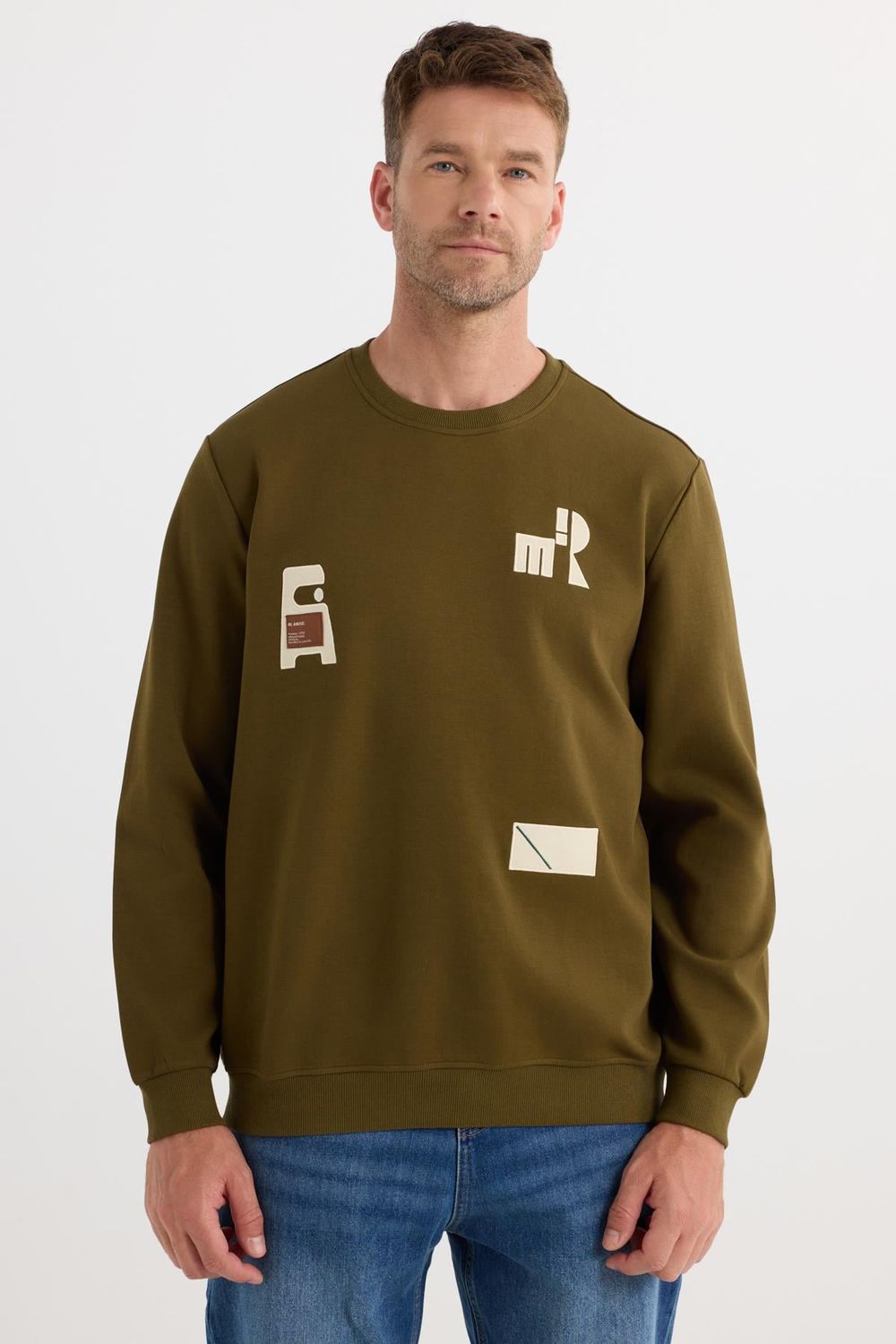 Erkek Relax Fit Rahat Kesim Pamuklu Lastikli Kol Bisiklet Yaka Baskılı Haki Sweatshirt