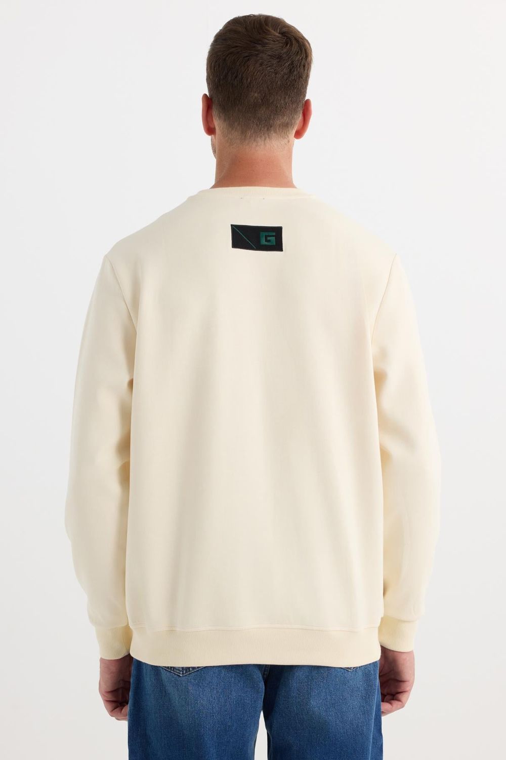 Erkek Relax Fit Rahat Kesim Pamuklu Lastikli Kol Bisiklet Yaka Baskılı Ekru Sweatshirt