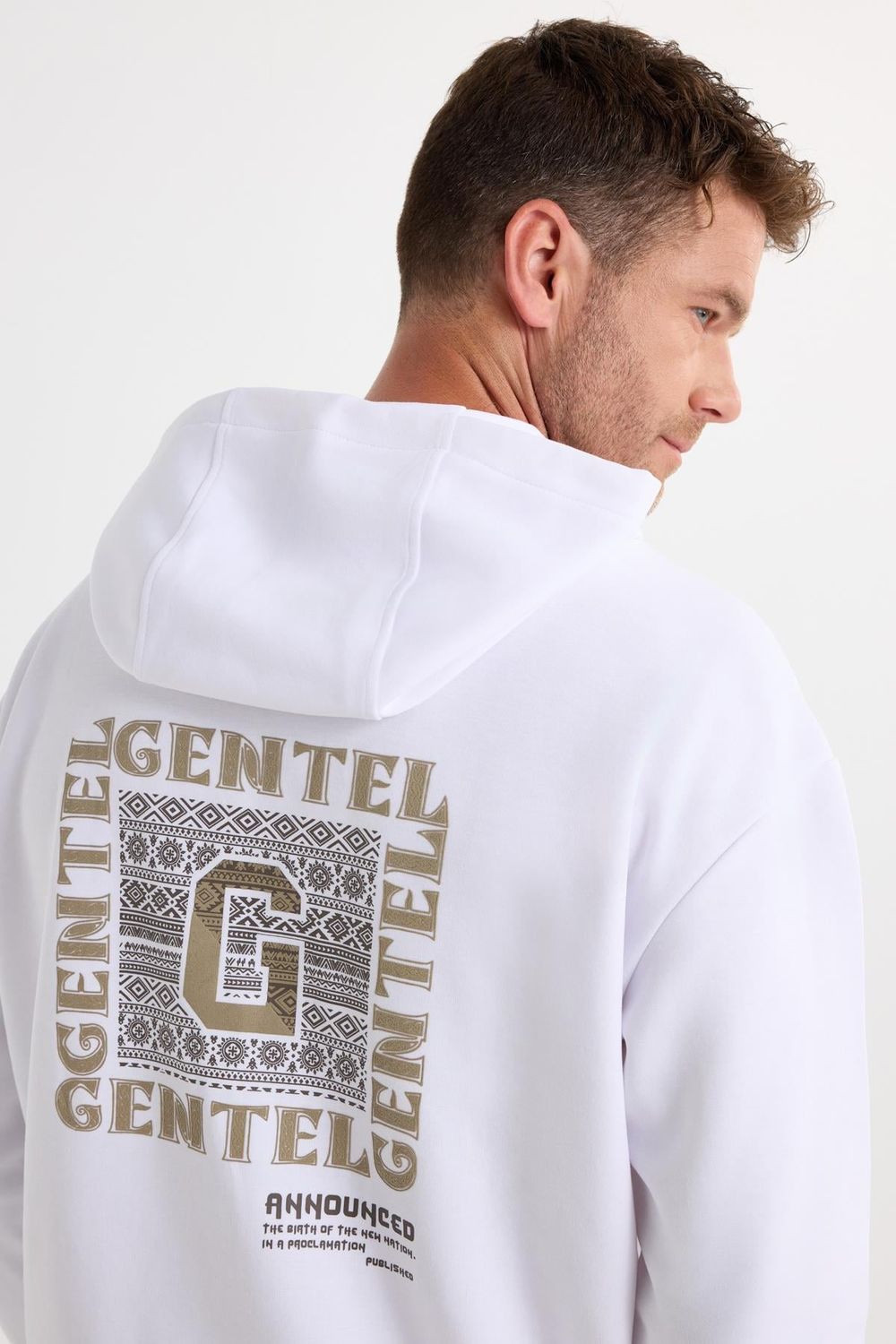 Erkek Oversize Geniş Kesim Pamuklu Baskılı Beyaz Kapüşonlu Sweatshirt