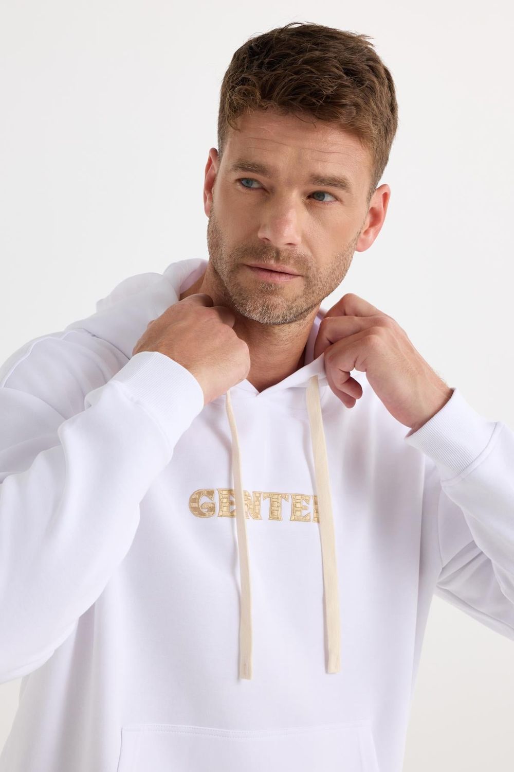 Erkek Oversize Geniş Kesim Pamuklu Baskılı Beyaz Kapüşonlu Sweatshirt