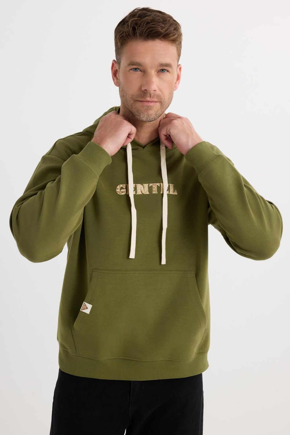 Erkek Oversize Geniş Kesim Pamuklu Baskılı Yeşil Kapüşonlu Sweatshirt