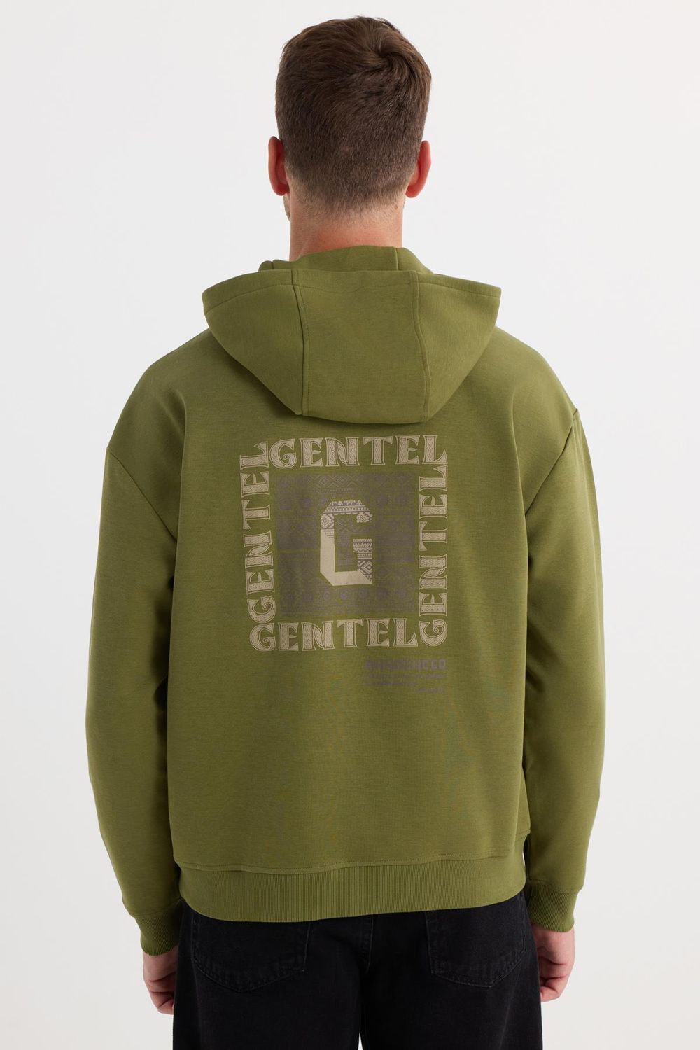 Erkek Oversize Geniş Kesim Pamuklu Baskılı Yeşil Kapüşonlu Sweatshirt