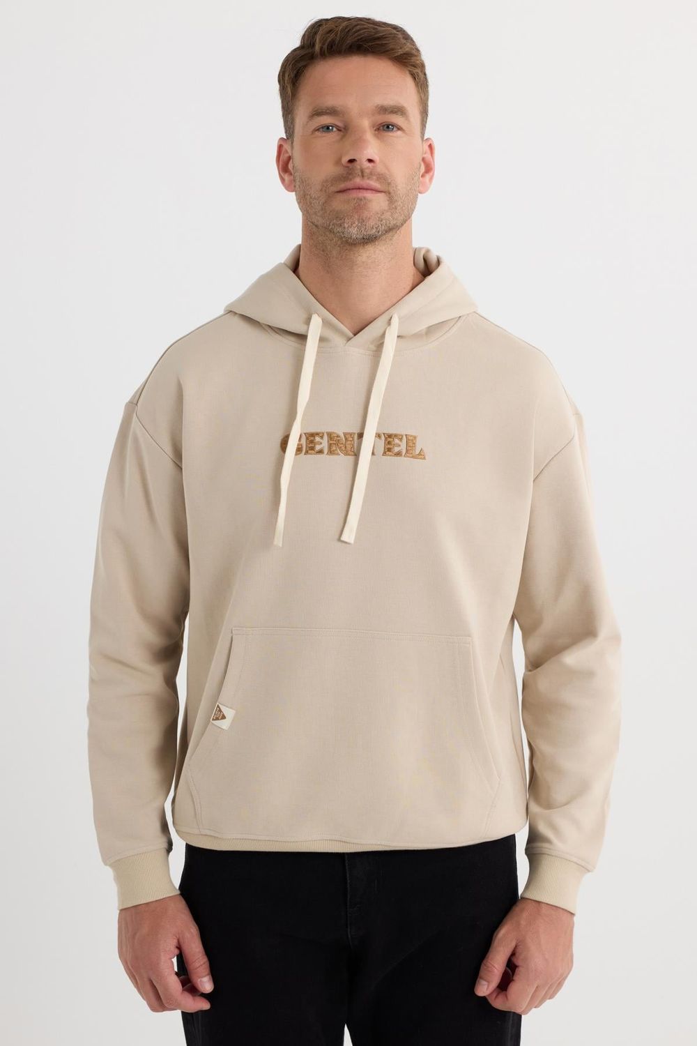 Erkek Oversize Geniş Kesim Pamuklu Baskılı Bej Kapüşonlu Sweatshirt
