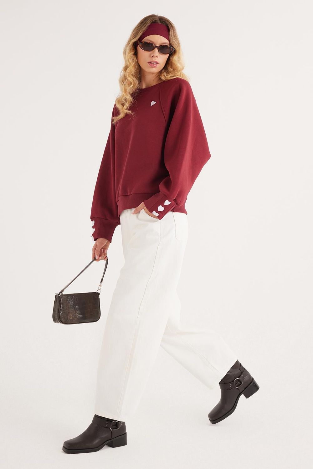 Kadın Regular Fit Klasik Kesim %100 Pamuk Baskılı Bisiklet Yaka Bordo Sweatshirt