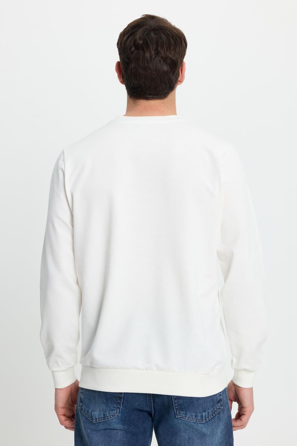 Erkek Relax Fit Rahat Kesim %100 Pamuk 2 İplik Bisiklet Yaka Beyaz Sweatshirt