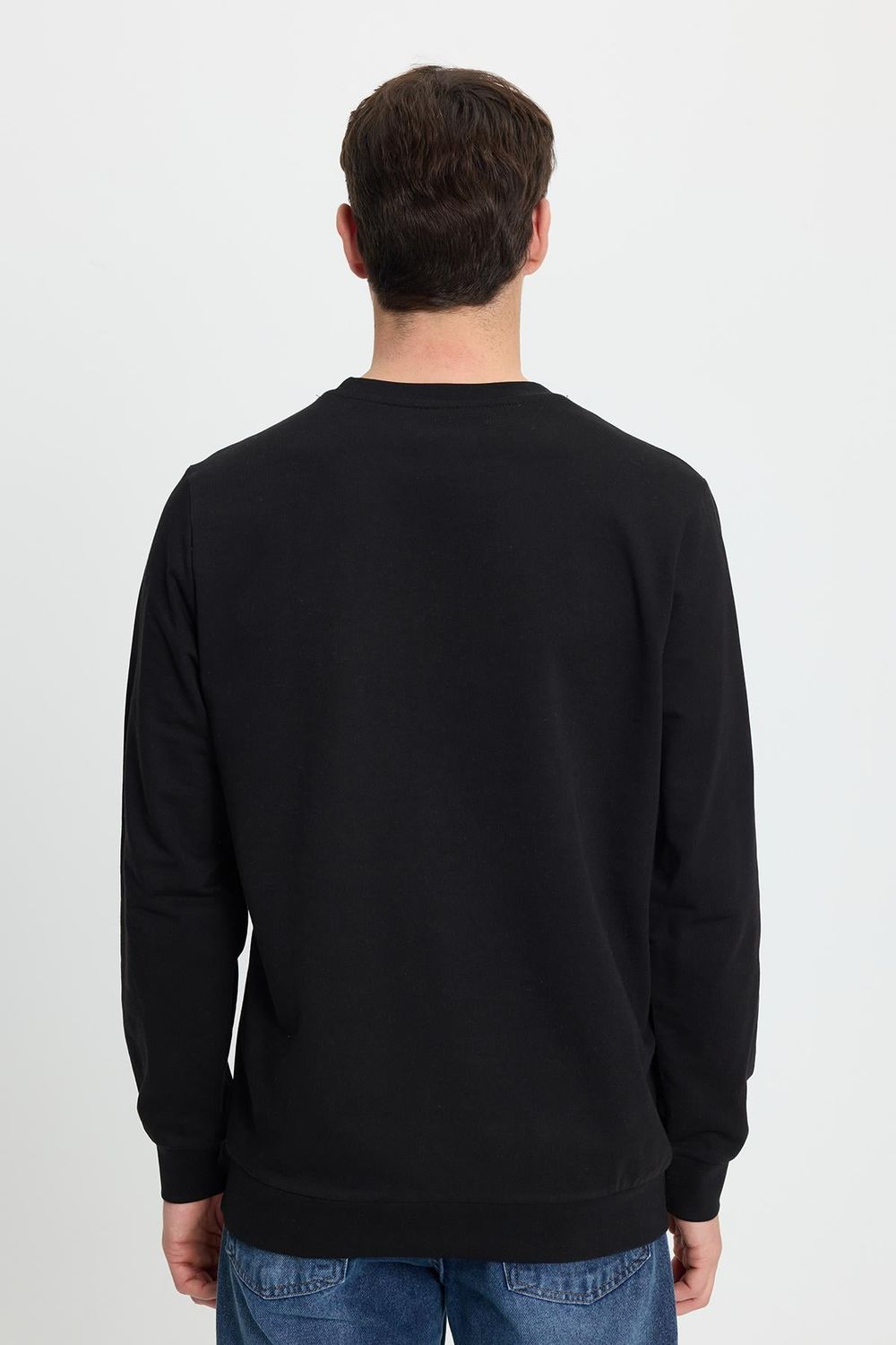 Erkek Relax Fit Rahat Kesim %100 Pamuk 2 İplik Bisiklet Yaka Siyah Sweatshirt