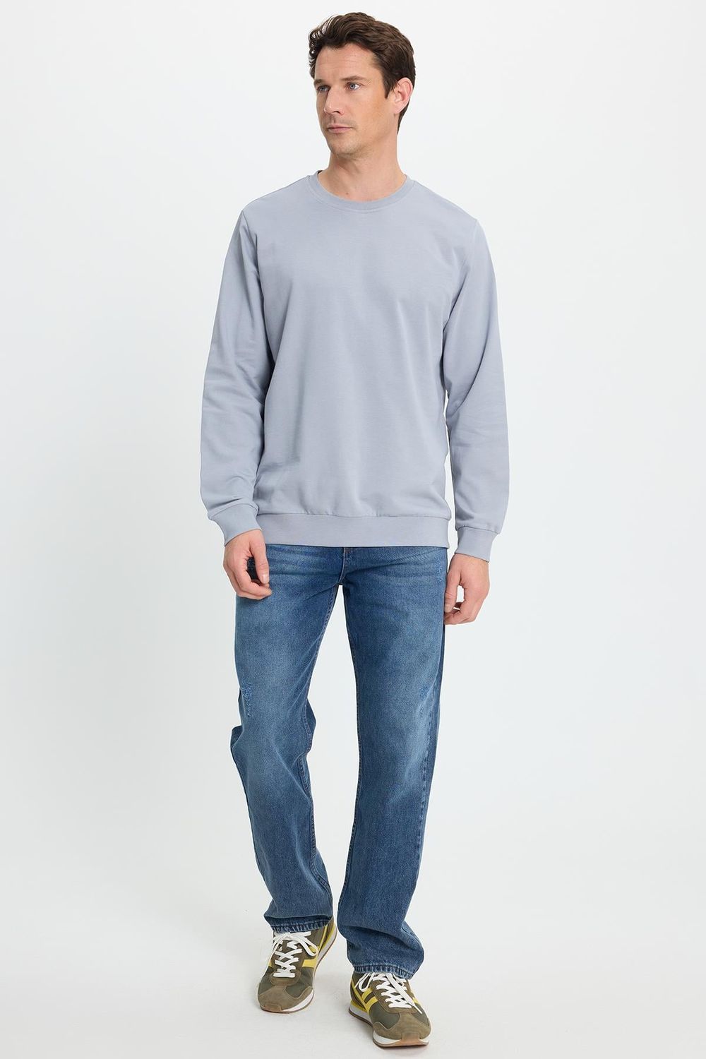 Erkek Relax Fit Rahat Kesim %100 Pamuk 2 İplik Bisiklet Yaka Açık Gri Sweatshirt