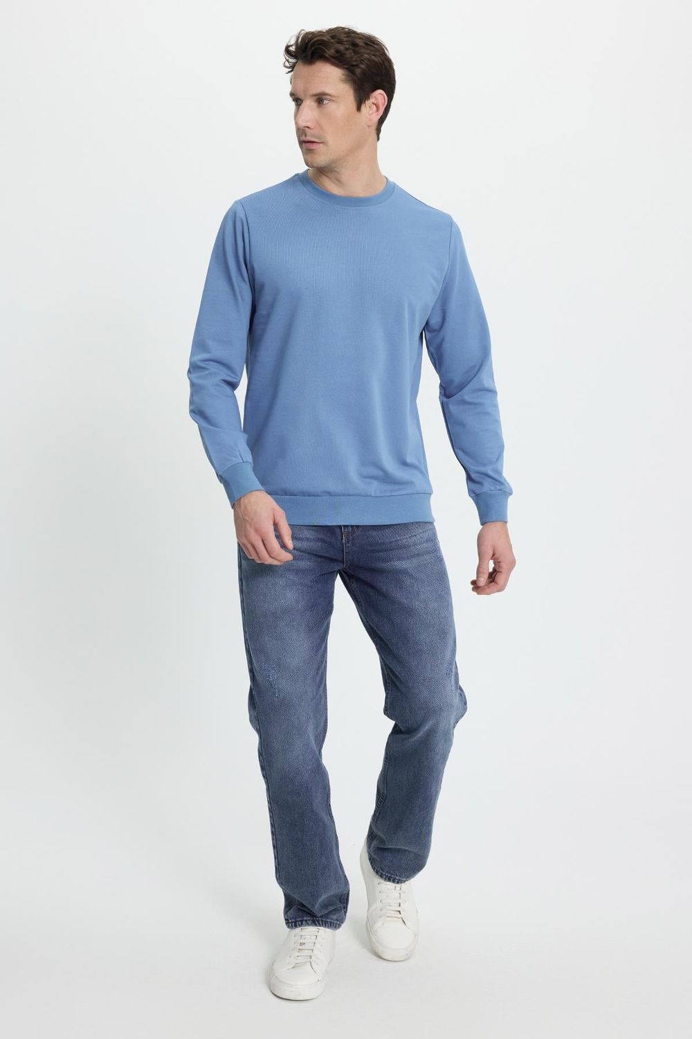 Erkek Relax Fit Rahat Kesim %100 Pamuk 2 İplik Bisiklet Yaka Mavi Sweatshirt