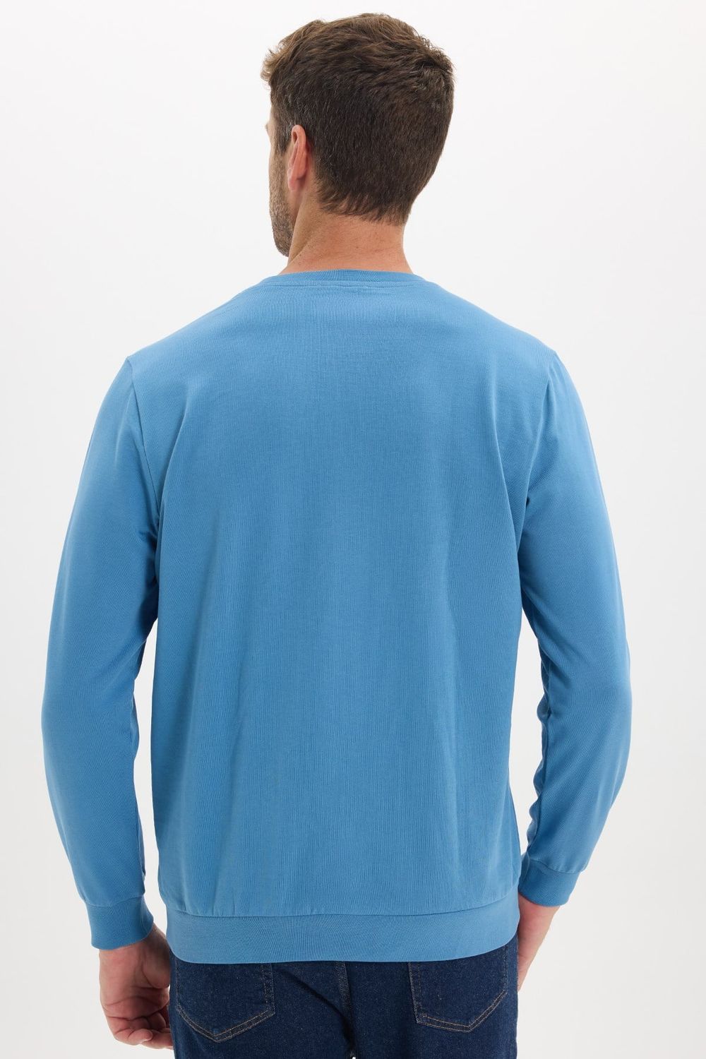 Erkek Relax Fit Rahat Kesim %100 Pamuk 2 İplik Bisiklet Yaka Mavi Sweatshirt