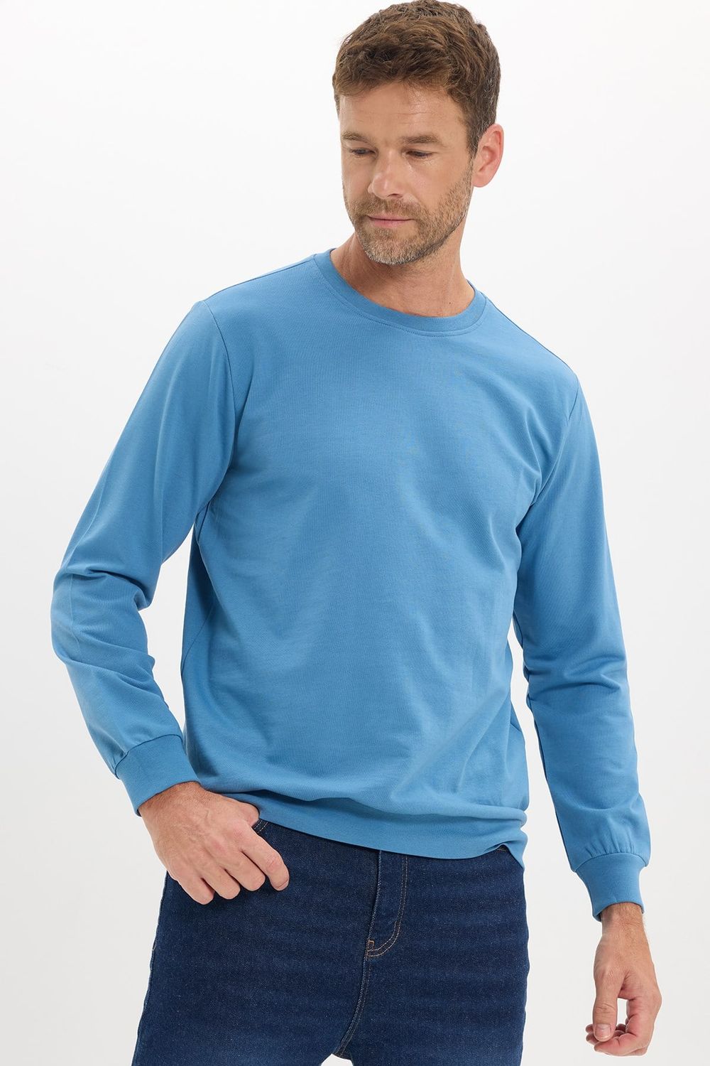 Erkek Relax Fit Rahat Kesim %100 Pamuk 2 İplik Bisiklet Yaka Mavi Sweatshirt